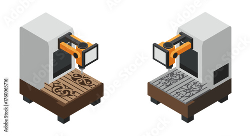 Isometric engraving machines with ornate designs on wood and metal surfaces