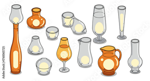 Stylized glassware: elegant wine glasses and vases with warm, glowing highlights