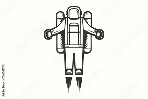 Stylized astronaut with simple black lines wearing spacesuit flies with a jetpack