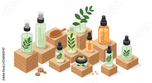 Natural skincare products displayed on wooden blocks in isometric style