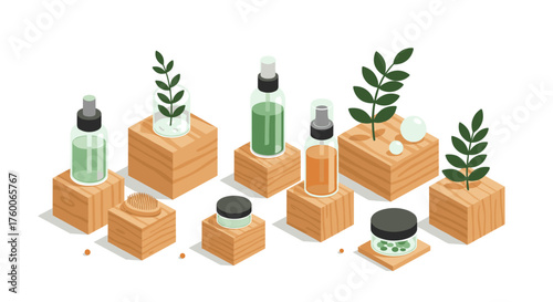 Isometric natural skincare products on wooden blocks with greenery