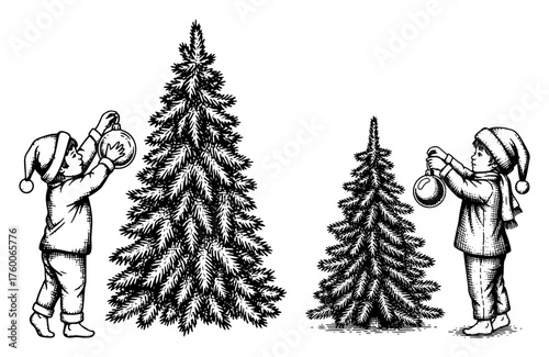 Children Decorating Christmas Trees