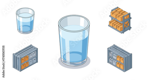 Isometric glass of water and storage racks arrangement for industrial design