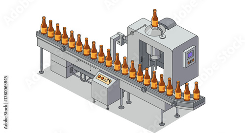 Isometric conveyor belt with bottles in modern assembly line setting