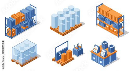 Isometric warehouse elements: storage shelves, pallets, and containers for logistics design