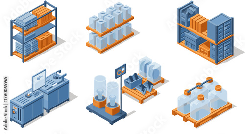 Isometric industrial shelf and machinery collection for storage and manufacturing visuals