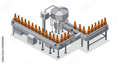 Isometric beverage bottling line: automated production conveyor with brown bottles