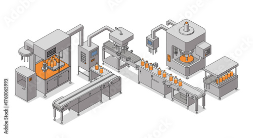 Isometric beverage factory equipment with conveyor belt and bottling machines