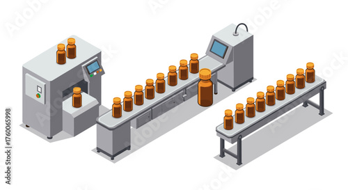 Automated production line with conveyor belt and bottles in isometric design