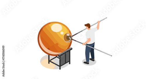 Isometric glassblower crafting large sphere in workshop scene