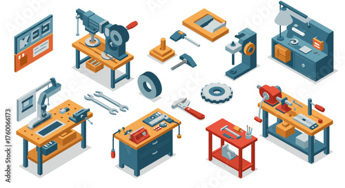 Isometric workshop tools and equipment on workbenches for manufacturing and diy