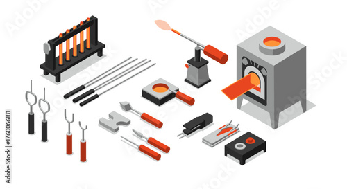 Isometric blacksmith tools and forge set for craft and metalwork design