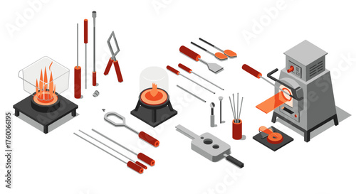 Isometric glassblowing tools and equipment set with furnace and safety gear