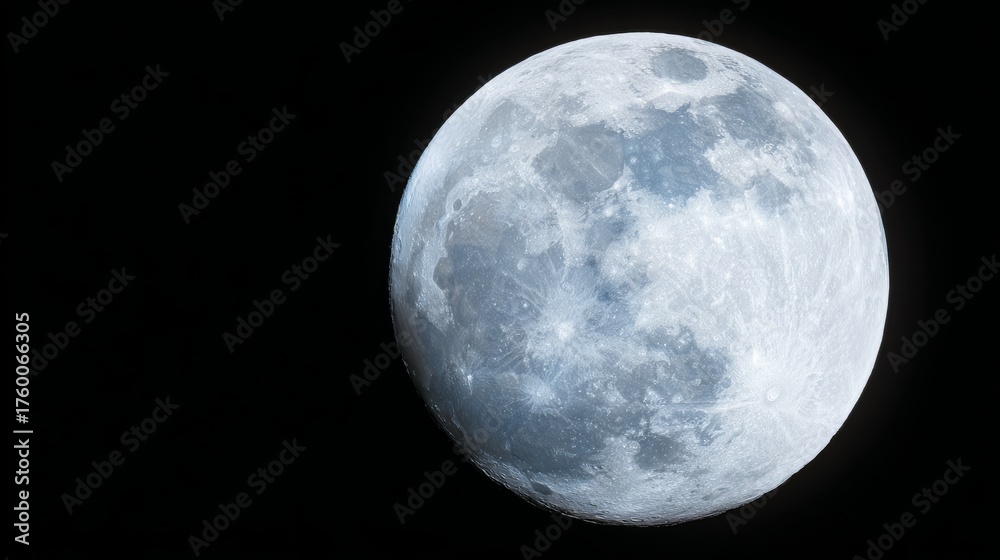 Obraz premium phase. A detailed closeup of the full moon, showcasing its textured surface against the dark expanse of space. STEM education sheets. 