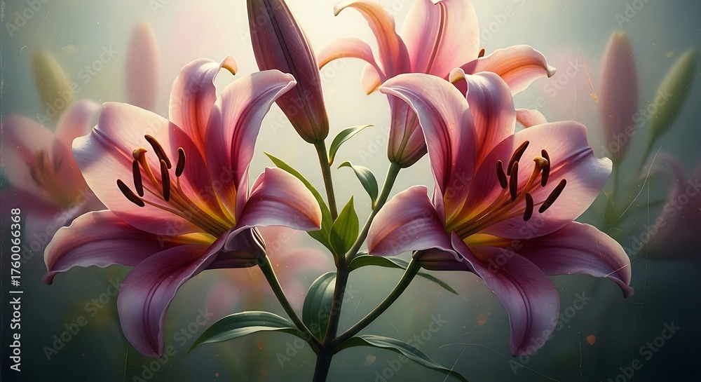 Fototapeta premium Pink lilies blooming in soft natural light