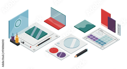 Isometric art supplies and graphic design elements in modern workspace
