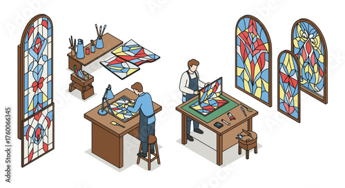 Stained glass artisans crafting vibrant panels in workshop with tools and designs