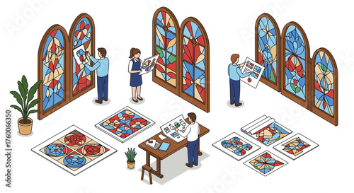 Designing stained glass: artists craft intricate patterns in isometric style workshop