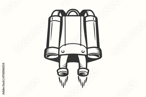 Stylized monochrome jetpack blasts off, showing propulsion exhaust against an offwhite background