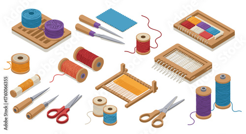 Isometric yarn and weaving tools on white background