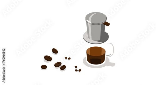 Isometric vietnamese coffee set with phin filter and coffee beans on white background
