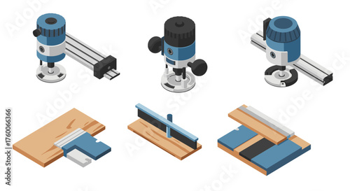 Isometric router tools and woodworking accessories with modern design