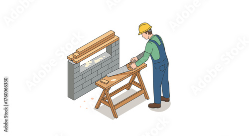 Carpenter sawing wood in isometric style construction scene