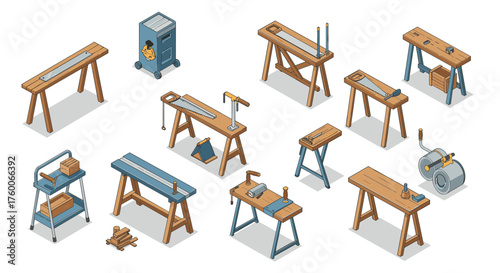 Isometric workshop tools collection with wooden workbenches and equipment