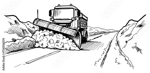 Snowplow on Mountain Road in Winter