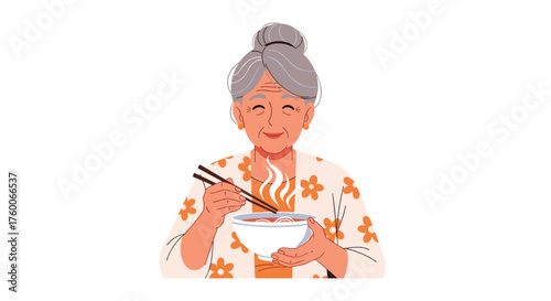 Delightful moment with grandma enjoying a comforting bowl of noodles, a simple pleasure filled with warmth and love for family gatherings