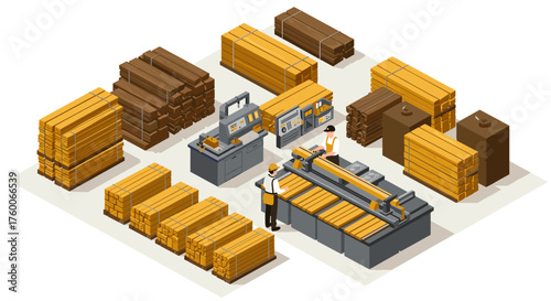 Isometric woodworking factory: workers operating machinery in timber processing plant