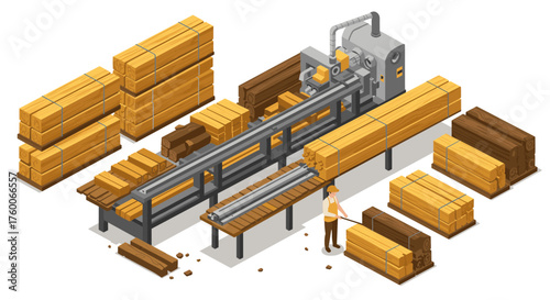 Isometric lumber mill scene with worker and stacked wood planks