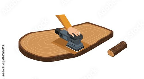 Hand in flat design sanding wooden slab with power tool on white background