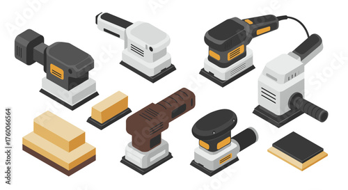 Isometric power sanders collection: tools and accessories for woodworking projects