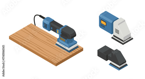Isometric electric sanders on wooden surface: modern tools for efficient woodworking