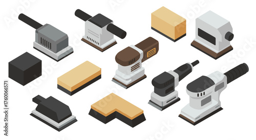 Isometric electric sanders and sanding blocks on white background