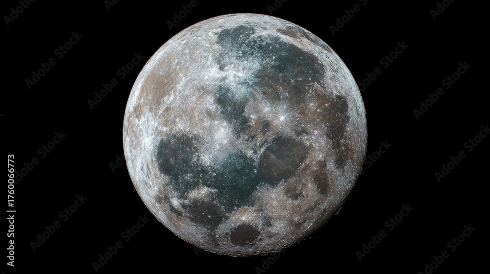 Obraz premium phase. A detailed closeup of the full moon, showcasing its textured surface against the dark expanse of space. STEM education sheets. 