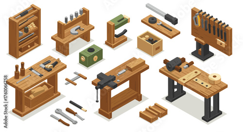 Isometric workshop tools and workbenches set for diy and carpentry projects