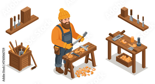 Isometric woodworking workshop with carpenter, tools, and wooden projects