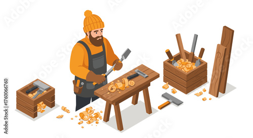 Carpenter crafting wood in cozy workshop setting with tools and shavings