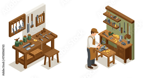 Isometric workshop scene with carpenter crafting wooden pieces