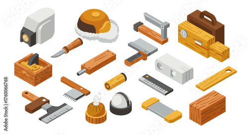 Isometric tools and hardware set with wooden and metal elements for diy projects
