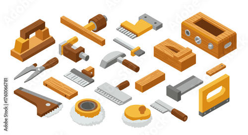 Isometric carpentry tools set featuring wooden and metal equipment for diy projects