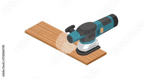 Isometric power sander on wood plank with dust particle effect