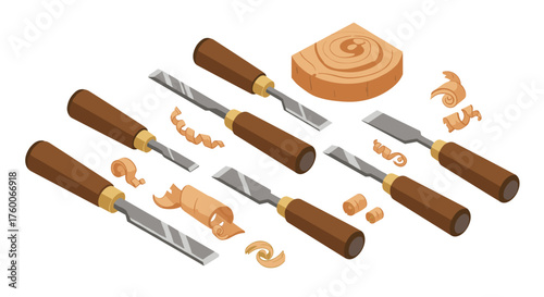 Isometric wood carving tools with wooden block and shavings