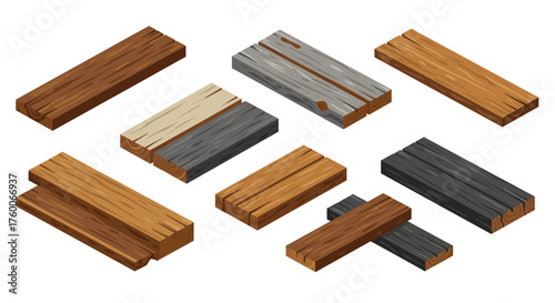 Isometric wooden planks collection on white background