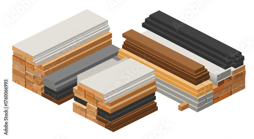 Isometric wooden planks and boards stack in various colors and textures