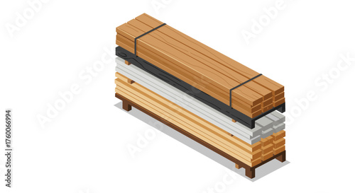 Isometric stack of building materials: timber, metal, and brick