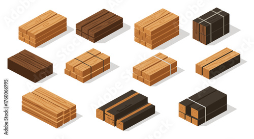 Collection of isometric wood plank bundles in various colors and textures