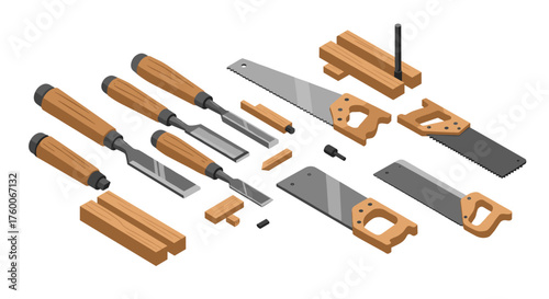 Isometric toolkit featuring saws and chisels with wooden handles for carpentry projects